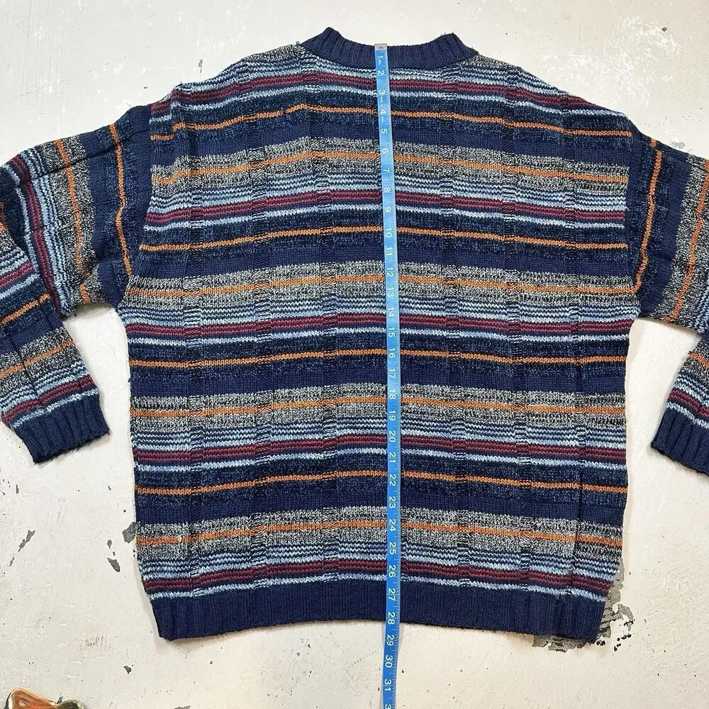 OXYMEL Mens V-Neck Jumper Sweater Large Navy Blue Multicolor Striped